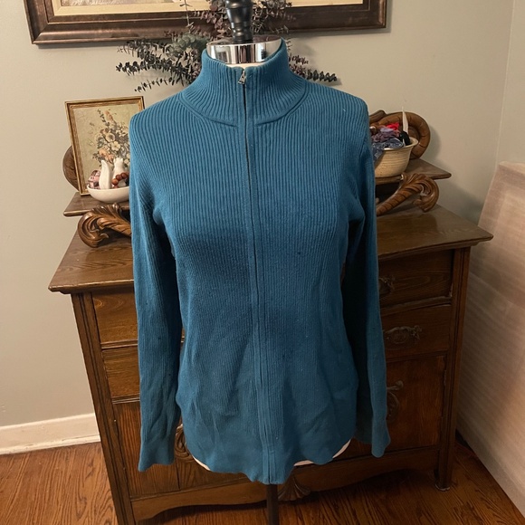 EDDIE BAUER TALL XL WOMEN’S COTTON ZIP MOCK TURTLE TEAL SWEATER - Picture 4 of 5